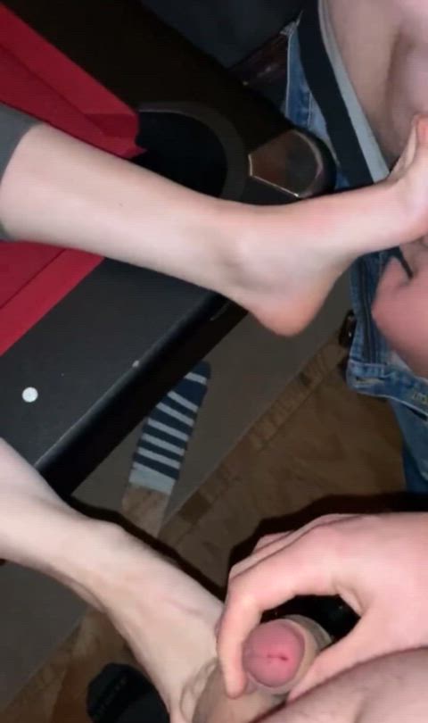 Wife rubs our cocks with her toes before receiving two loads