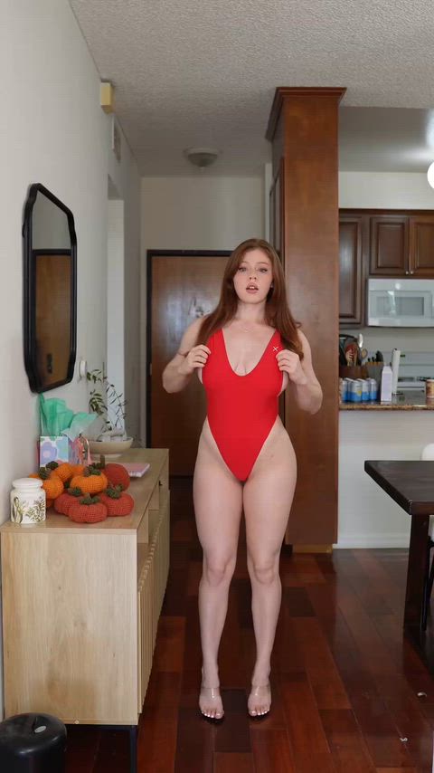 Feeling like I could walk a real runway in this red swimsuit and heels [F]