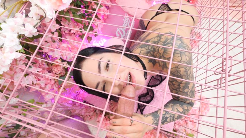 In a cage sucking your cock like a good girl