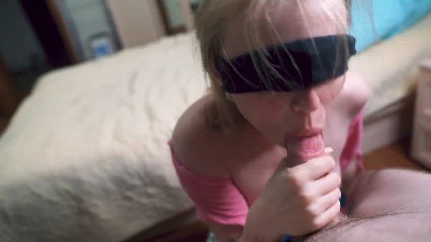 My BF shoots the most ridiculous cumloads, so I wear a blindfold to keep the cum out of my eyes, and to hide my face, because I can't resist sharing videos of my huge facials <3