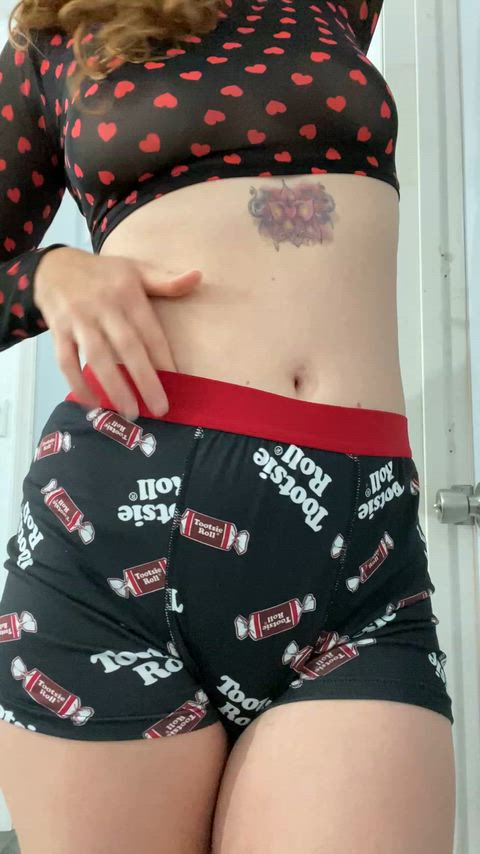 Fluffy ginger bush in my new tiny shorts