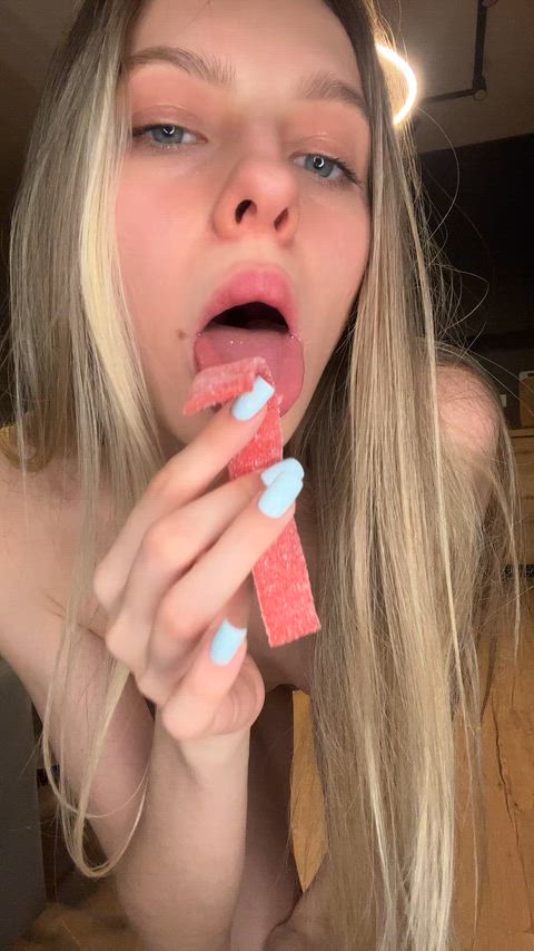 Licking this sour gummy slow, but I'd rather be licking your sweet cock