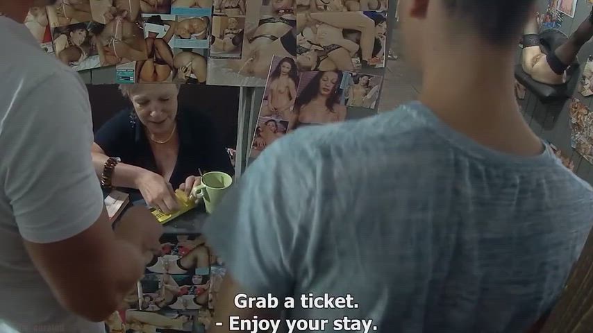 Ticket lady comes out of her booth for "inspection" and ends up getting used