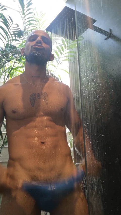We take a shower.