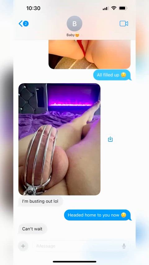 Coming home used for my boyfriend. I wipe the other guys cum and my cum panties all over his caged cock!