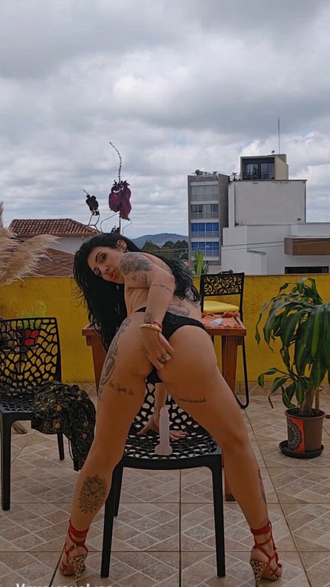 Neighbors' lucky day: Riding my Dildo on the balcony