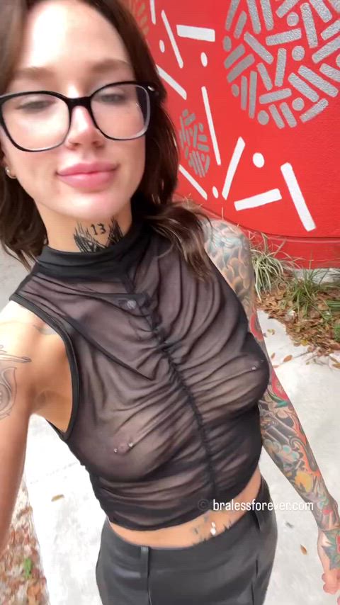 No bra. Pierced nips. Sheer top. Just Angel out for a stroll like it’s nothing 😈