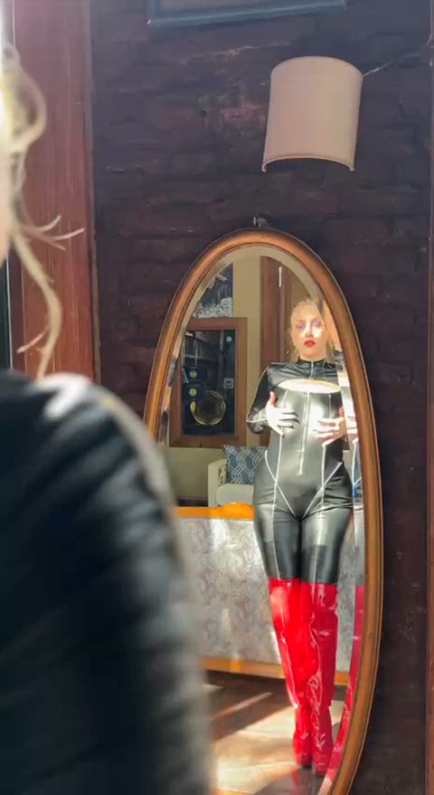 Kneel and worship every inch of this power uniform, especially the crimson of my boots