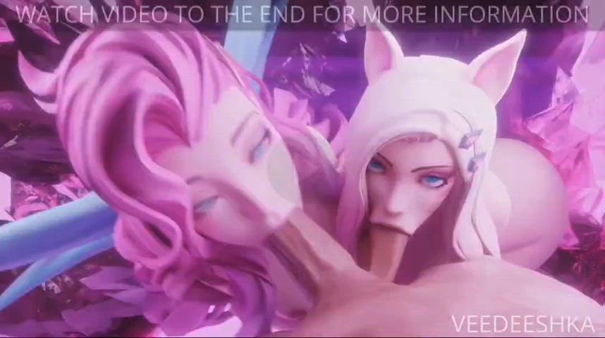 Ahri and Seraphine blowjob and ball sucking. (Veedeeshka)