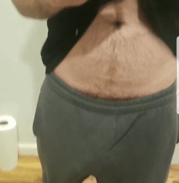 Free-balling in gray sweatpants. I need an eager mouth.