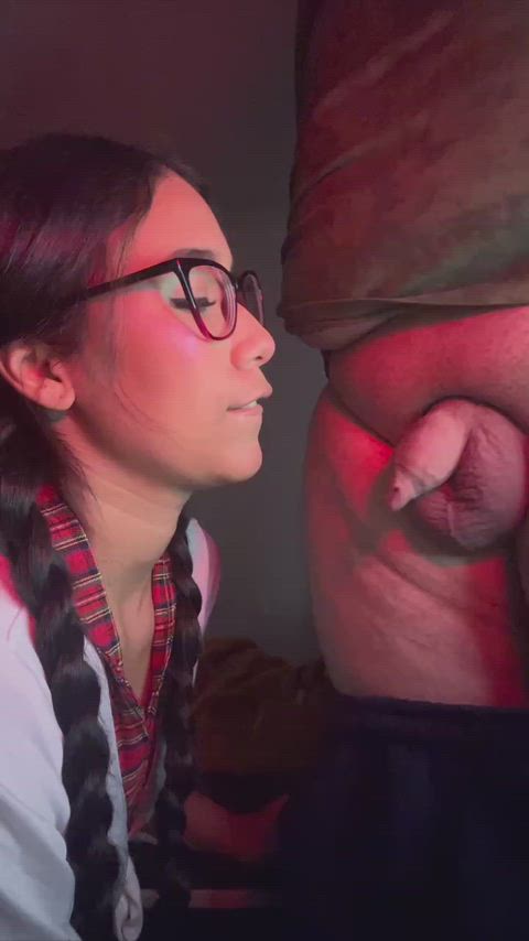 My husband was in a bad mood so I put on my best sexy outfit, braided my hair, and gave his soft cock such a delicious blowjob that he felt like he was fulfilling his little porn fantasy.