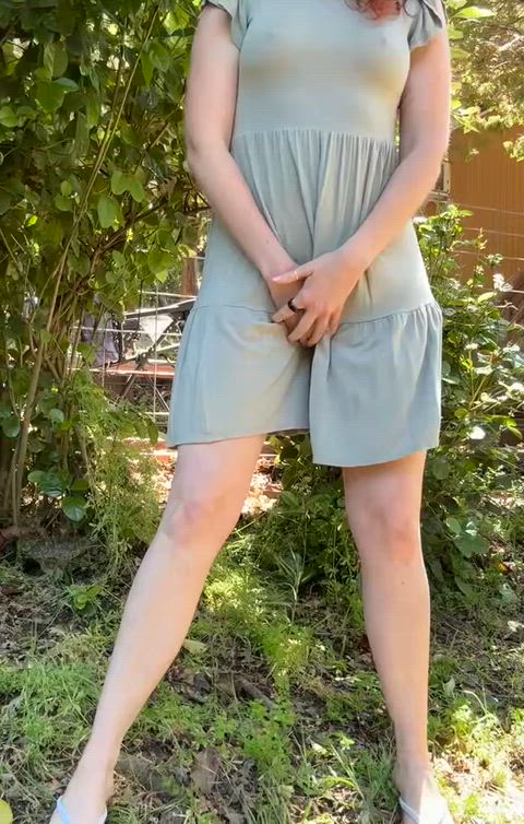 Full length in the backyard having a good girl tinkle