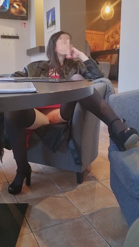 Waitress caught me flashing my pussy for the camera