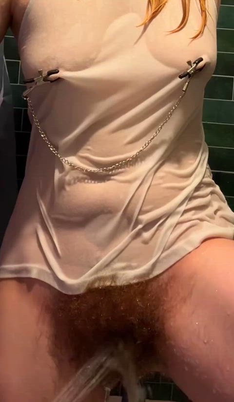 playing with nipple clamps and a wet shirt in the shower x