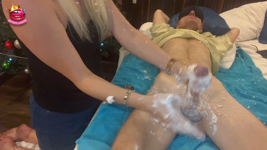 Foam all over his cock and balls, my hand gliding up his shaft like it’s lube making him throb in my fist. Then when he started twitching uncontrollably I slapped his cockhead and got covered in white splatter. Would you let me do that to your hard cock?