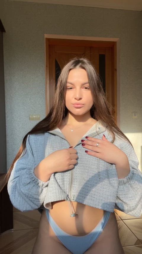 Reveal at dawn showing my soft big tits full and round