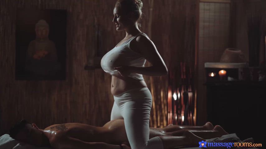 Angel Wicky rubs her huge oiled up tits on a hard cock