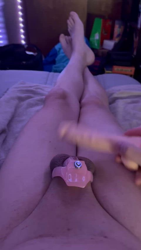 My second time ever cumming from plapping! I used to need a vibrator to cum in my cage but now I can just beat the cum out!
