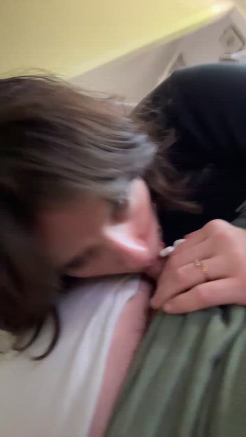 I love being sneaky, sucking his cock on my parents’ couch like we’re in school again!