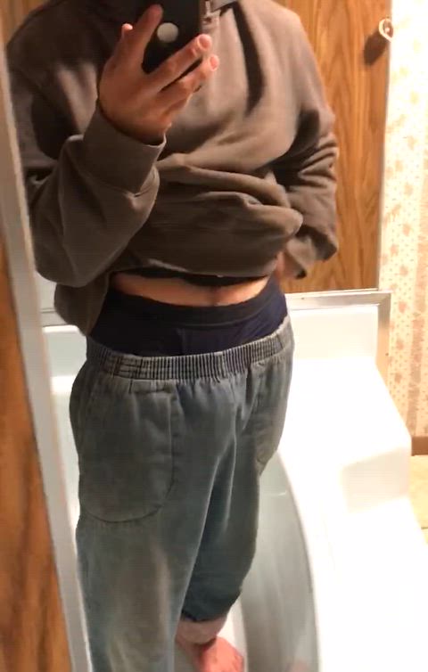 Easy access to my heavy uncut cock once I drop these pants