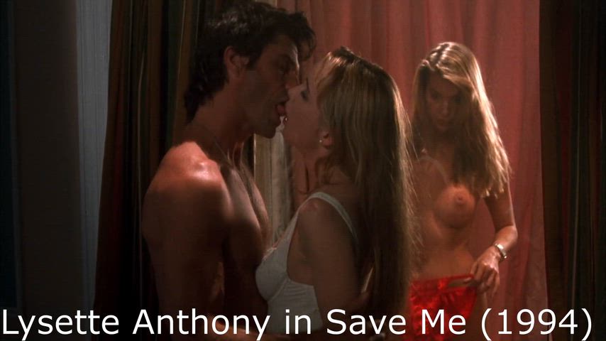 Trophy (wife) Lysette Anthony doesn't mind seducing a married man taking him in the back room of a clothes shop to fuck him behind a one way mirror while watching customers trying on new clothes in Save Me (1994)