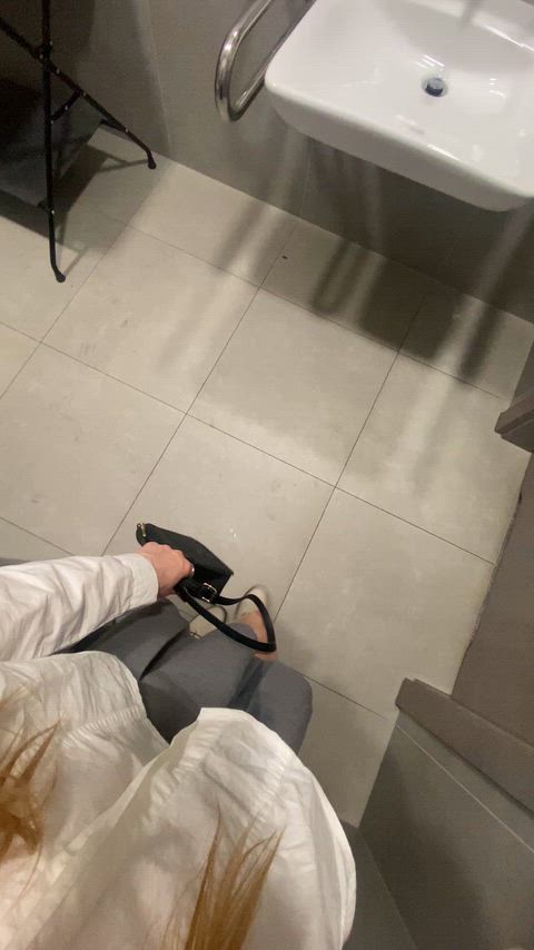 I'm nervous but showing off  boobs in a public bathroom