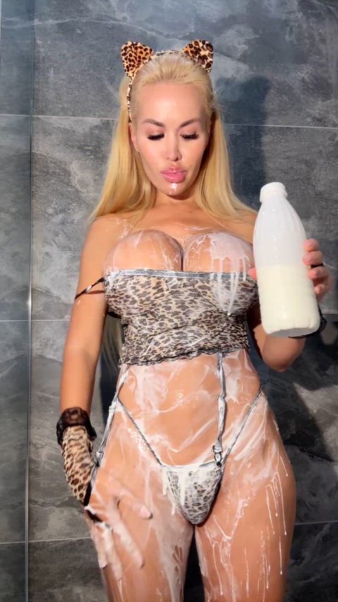 My tits are covered in yogurt, and it's a shame it's not yours