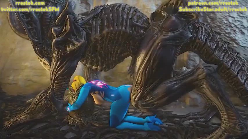 Samus stretched out by a massive xenoform (Rrostek) [Metroid]