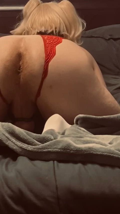 Sissy in Red Lingerie And Chastity Anal Play With A Dildo