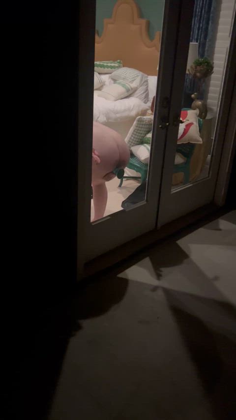 My neighbor caught me using my [pink cherry - green striped suction dildo]