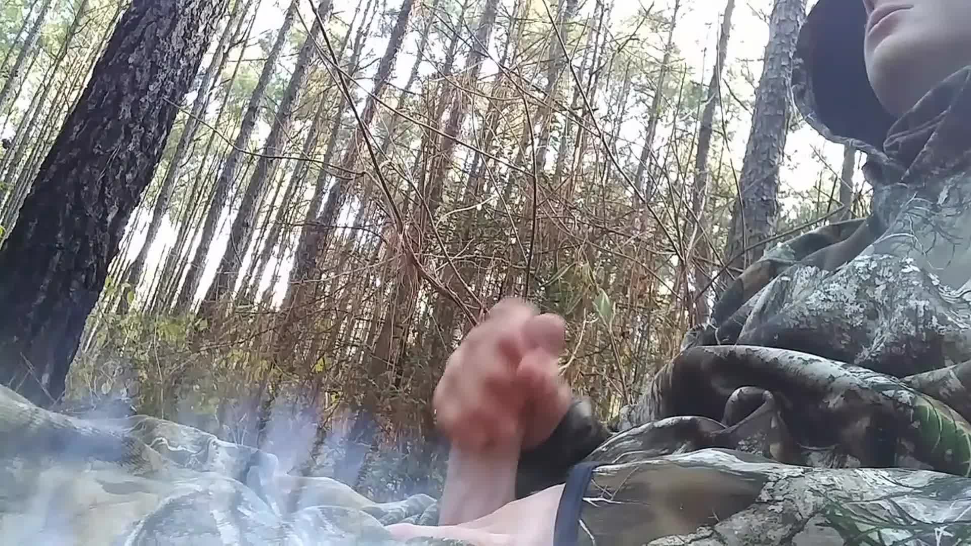 Straight Camo boy with Perfect cock sprays cum everywhere in the woods