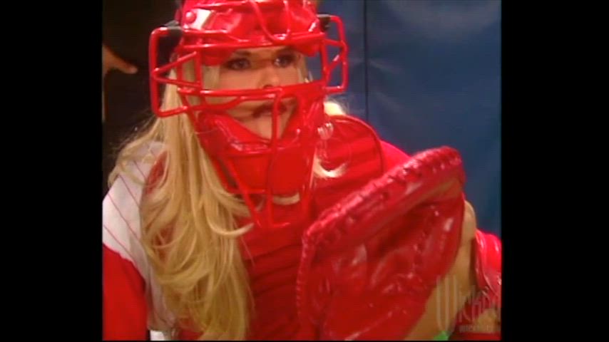 Blonde catcher gets a double play at home plate