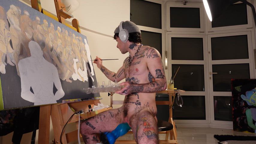 being a horny slut in my painting studio again, with a bigger dildo this time...
