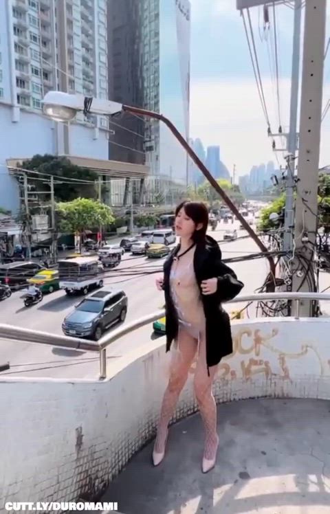 Amateur Asian Exhibitionist Flashing High Heels Nipple Piercing Public See Through Clothing Sheer Clothes Porn GIF by duromami