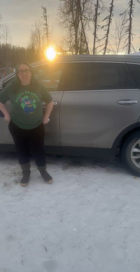 Wifey peeing in the driveway by car while our rooster Cock a Doodle Doos