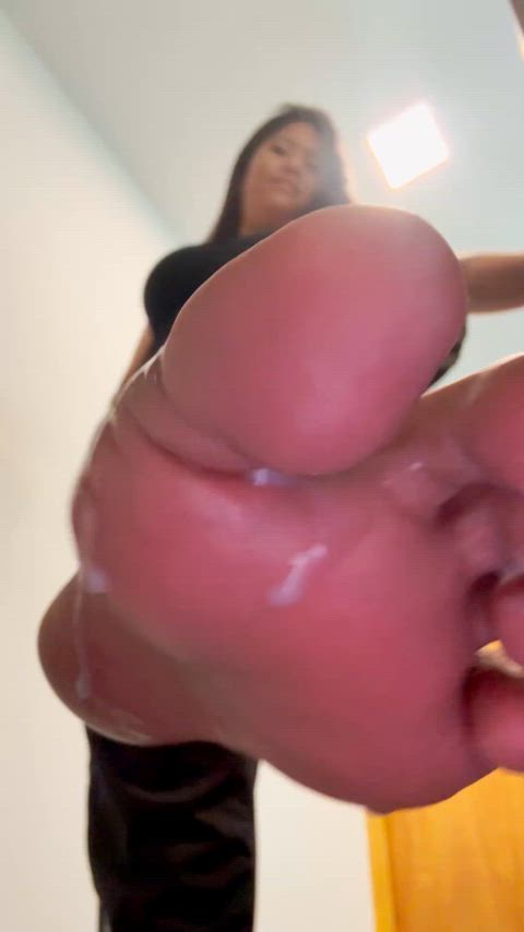 Stick out that tongue and clean my feet covered in my bull's semen.