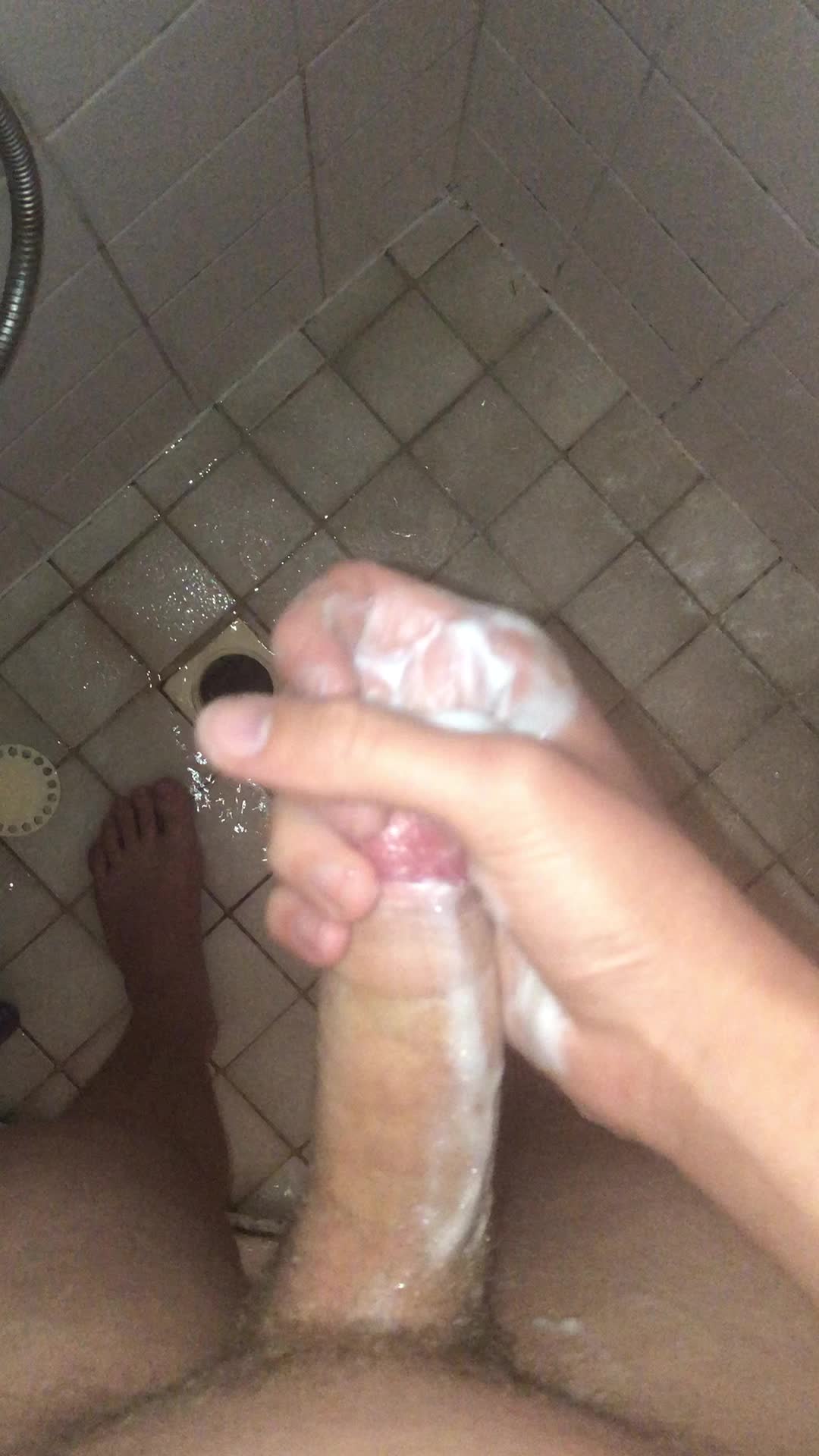 I love stroking my dick in the shower whilst I hear my roommates talk on the other side of the wall