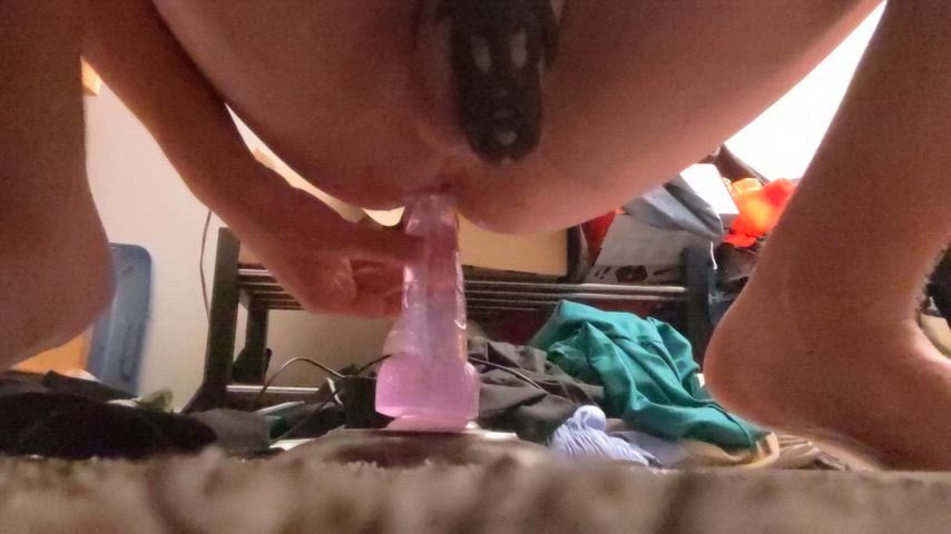 Caged Sissy bouncing on suction cup dildo
