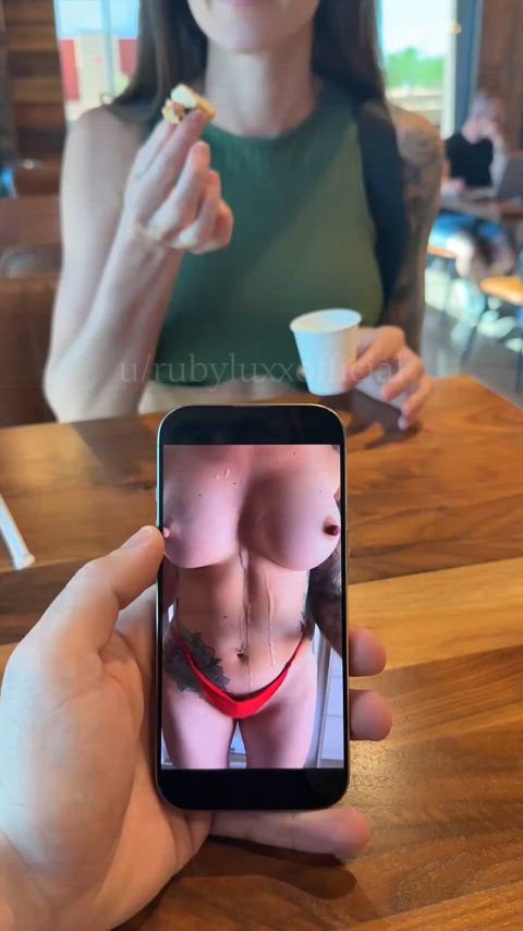 Showing off my cum covered body on our lunch date