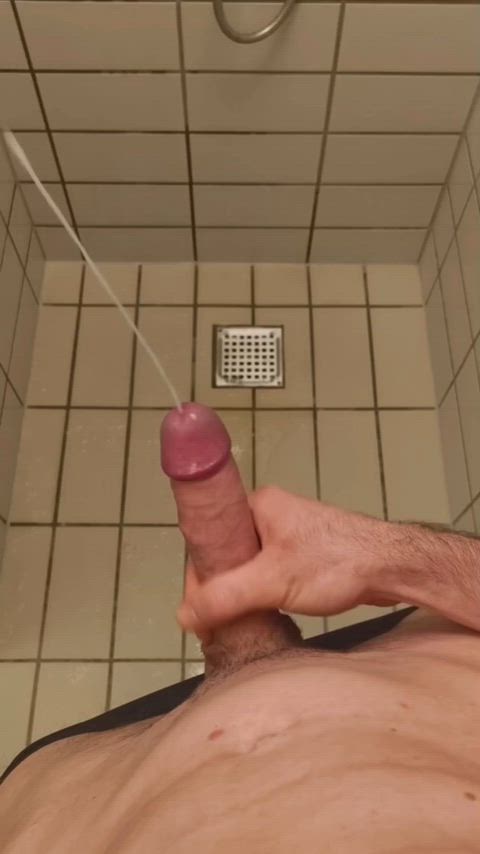 Big cumshot in slow motion in the shower right after pissing all over the place! So fucking hot! thumbnail