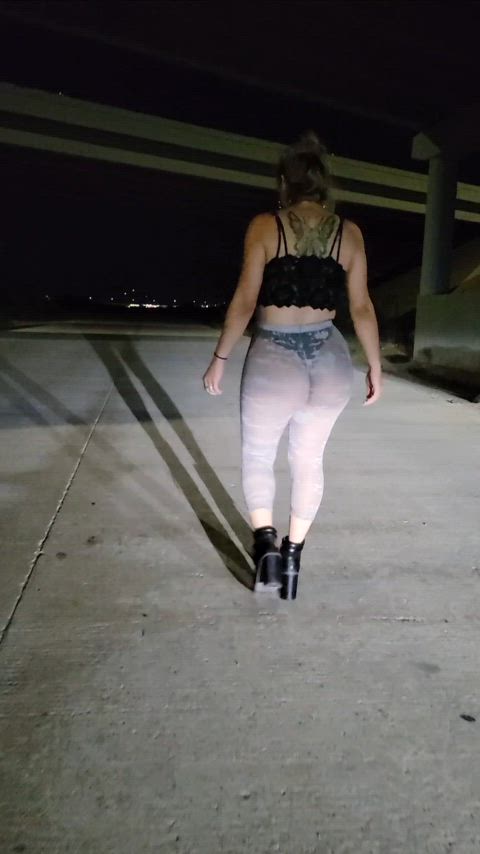 Walking under overpass jiggling in my see thru leggings
