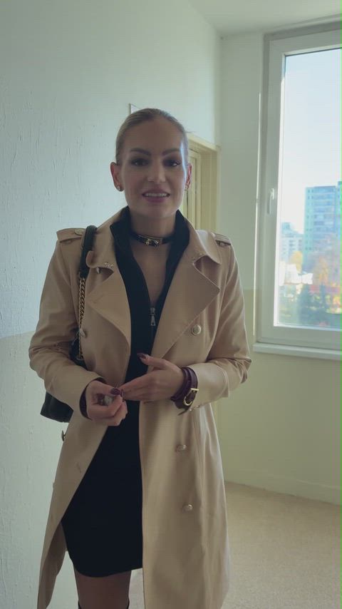 Running errands like a good domestic slave. Properly prepared before leaving the house.