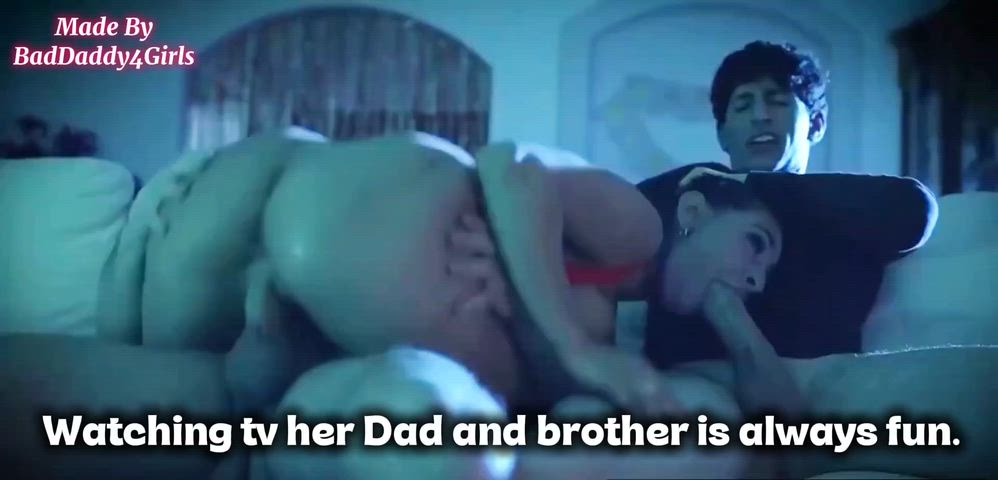 Watching tv with her Dad and brother is always fun! (Brother Daddy Daughter Taboo Porn GIF by baddad4u)