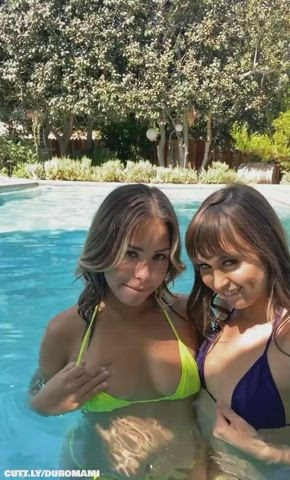 Ass Kissing Lesbian NSFW Outdoor Pool Riley Reid Sucking Tits Titty Drop Porn GIF by duromami