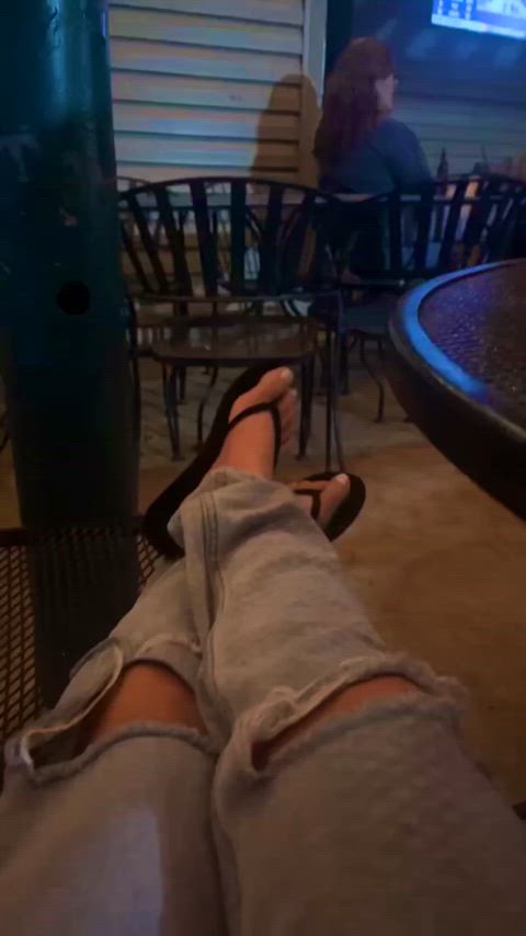 Out at the bar with some friends wearing my brand new Flojos flip flops 🙂 I love these so much. Would you stare? thumbnail