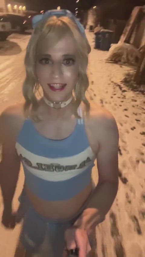 Caged And Plugged On A Little Night Walk!