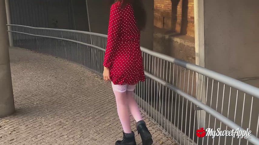 Flashing all over the city in sexy white stockings