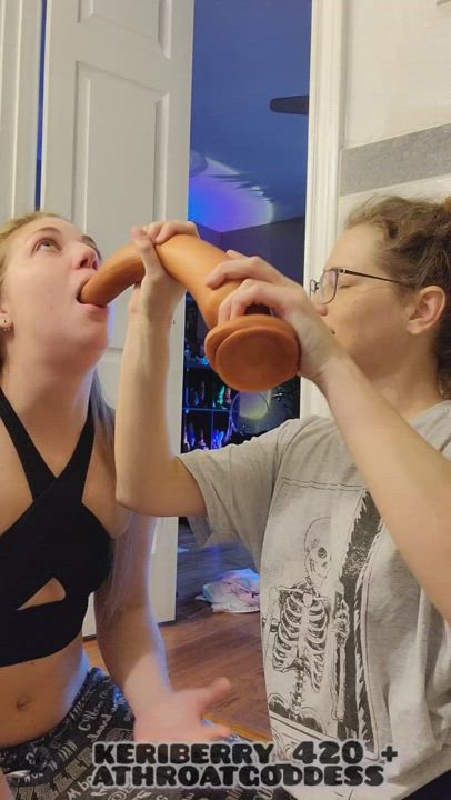 Throat fucking my friend athroatgoddess with a large Slink (f/f)