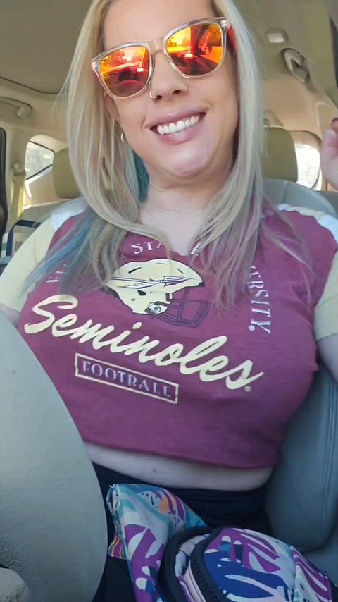Blonde milf just early voted ,shows off stickers thumbnail
