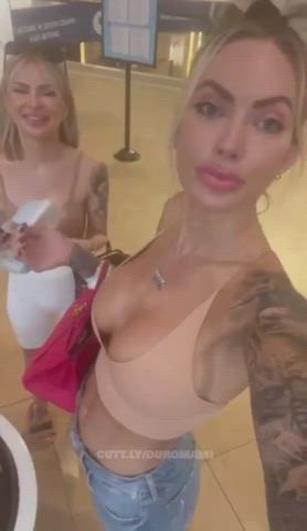 Amateur Bathroom Blonde Dildo Lesbian Public Sex Standing Doggy Strap On Porn GIF by duromami